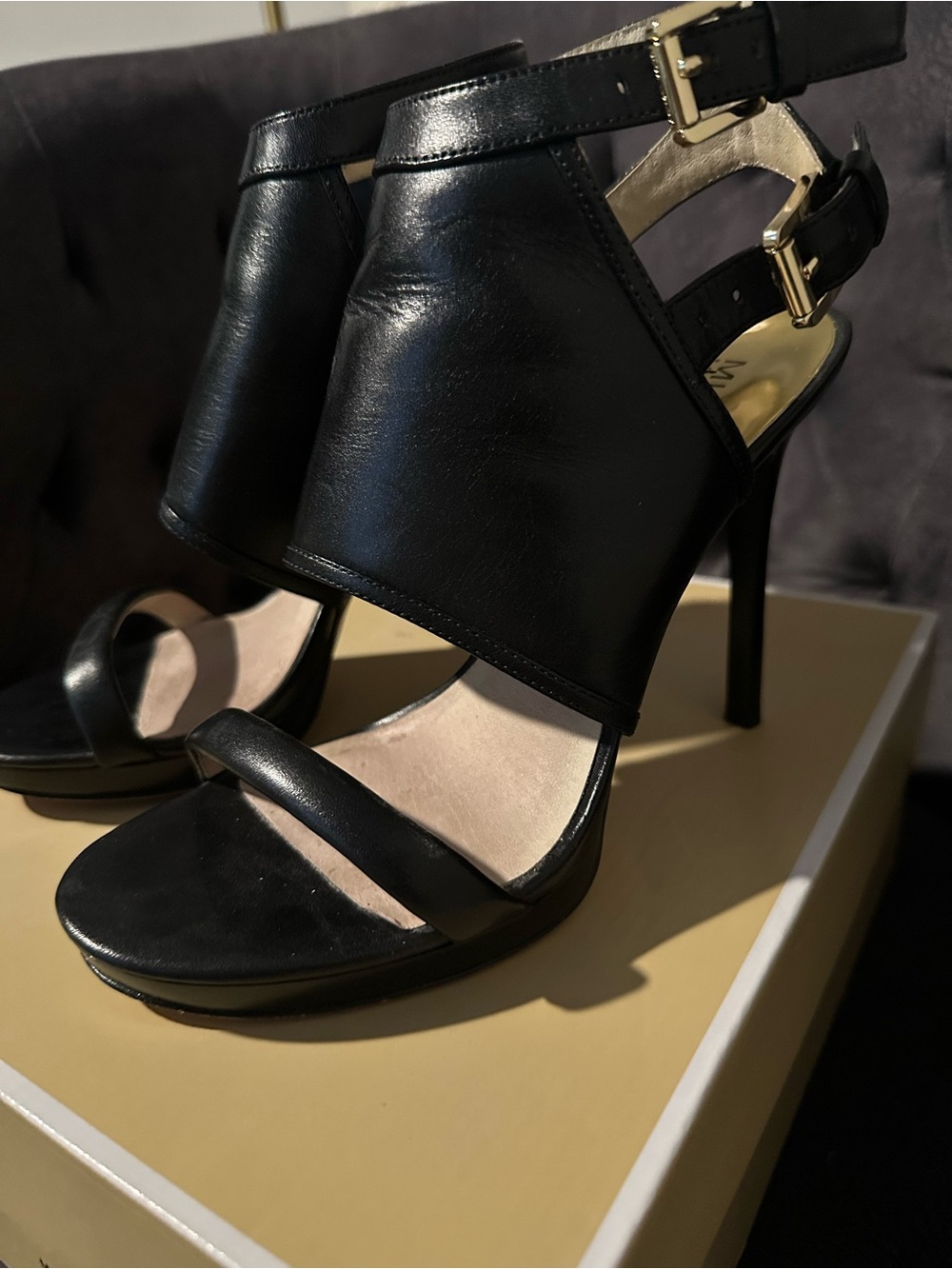 Michael Kors Asta Black Leather Open-Toe Ankle Strap Heels with Gold Buckles - Picture 7 of 7